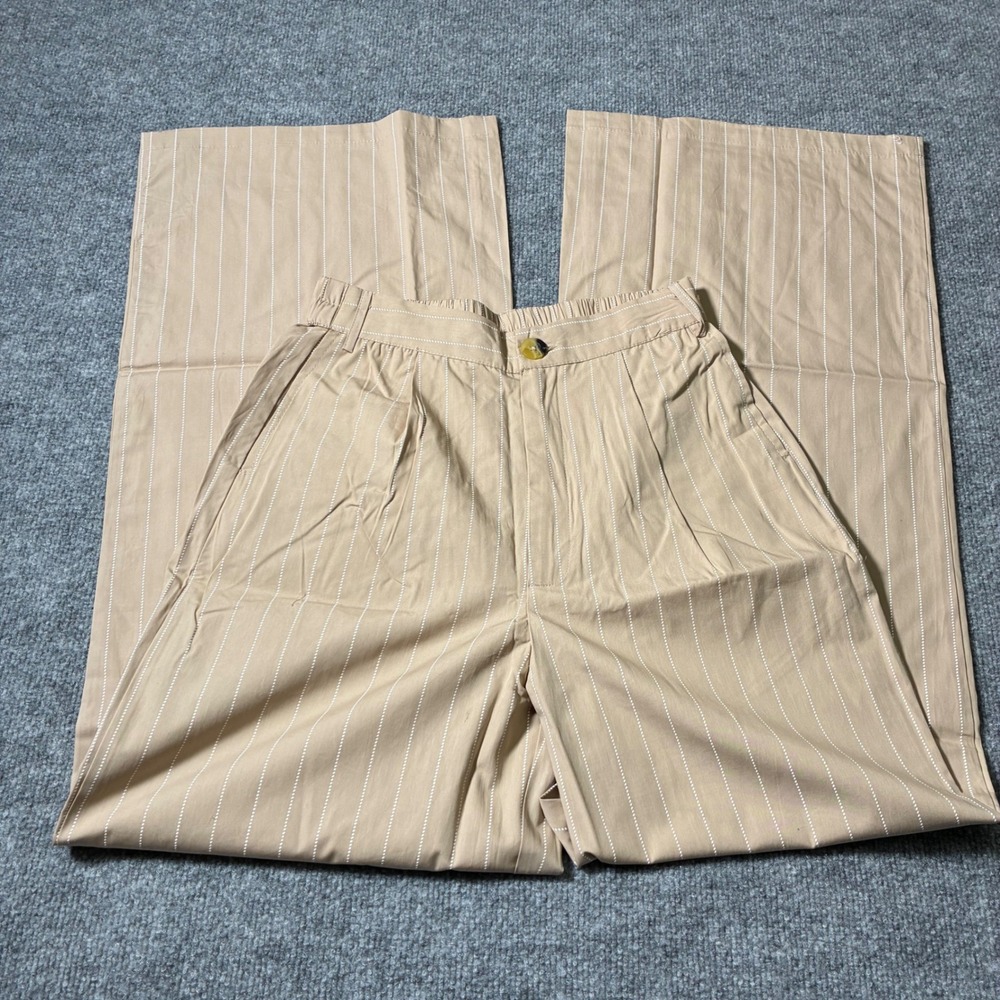 PrettyLittleThing Stone Poplin Pinstripe Tailored‎ Wide Leg Trousers Sz.4